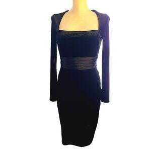 David Meister Black Velvet Dress w/ Silk High Waist Pleated Detail